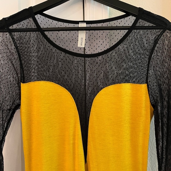 💛 Y2K Vintage Circa 2004 Yellow and Black Mesh long sleeve bodycon dress - Picture 3 of 14